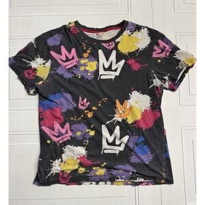 Y2K Sacred Crown Paint Splatter Tee Mens L Rave Punk Black Graphic T Shirt